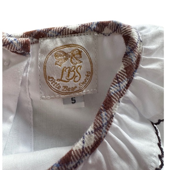 Little Bear Smocks Girls White Brown Plaid Embroidered Dress Size 5 - Picture 3 of 8
